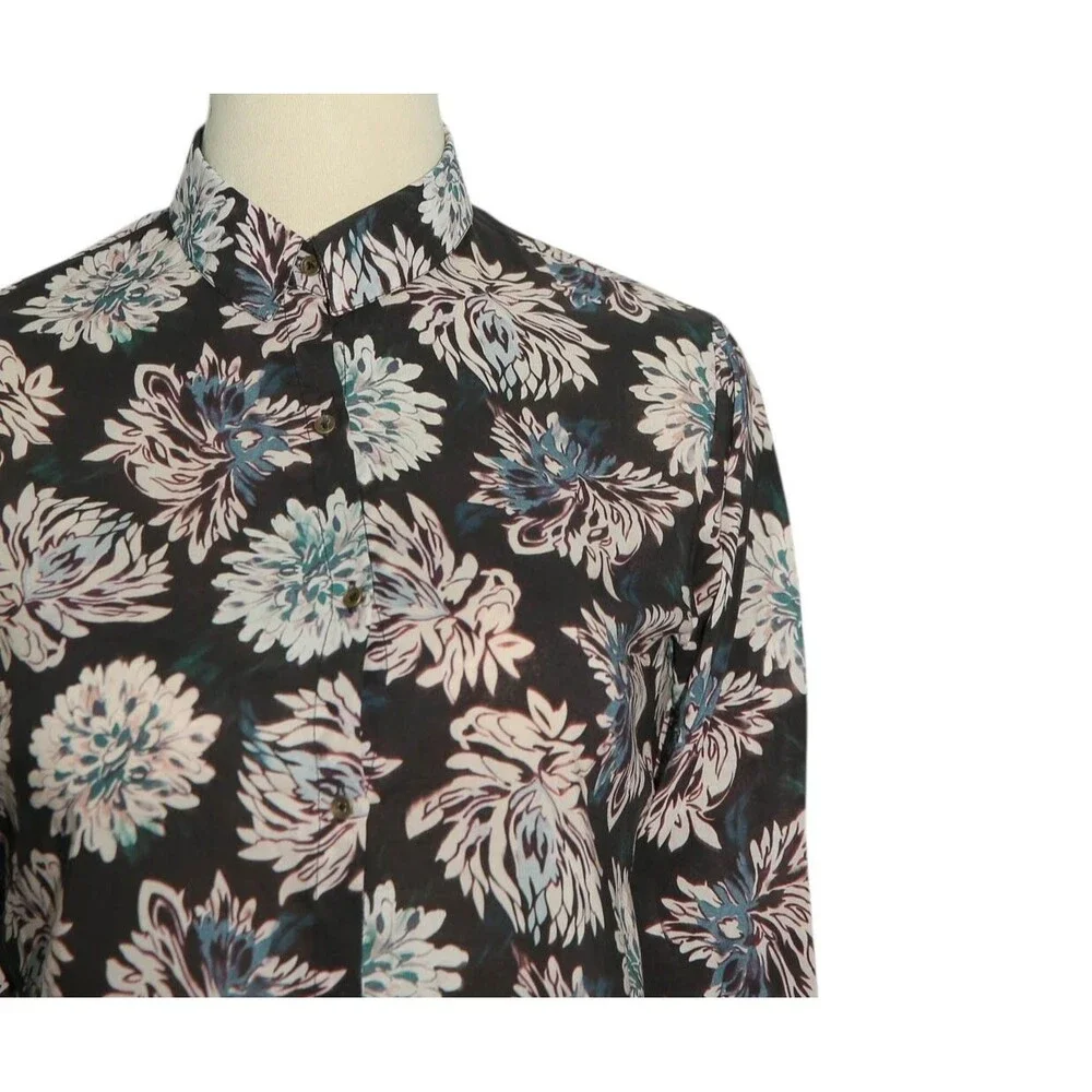 Womens Floral Shirt Black Pink Blue Blouse Button Up Dressy Top Medium Work - Picture 4 of 7